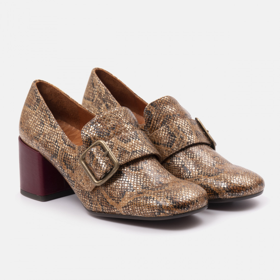 Chie Mihara Urchin sand moccasin in python-print leather