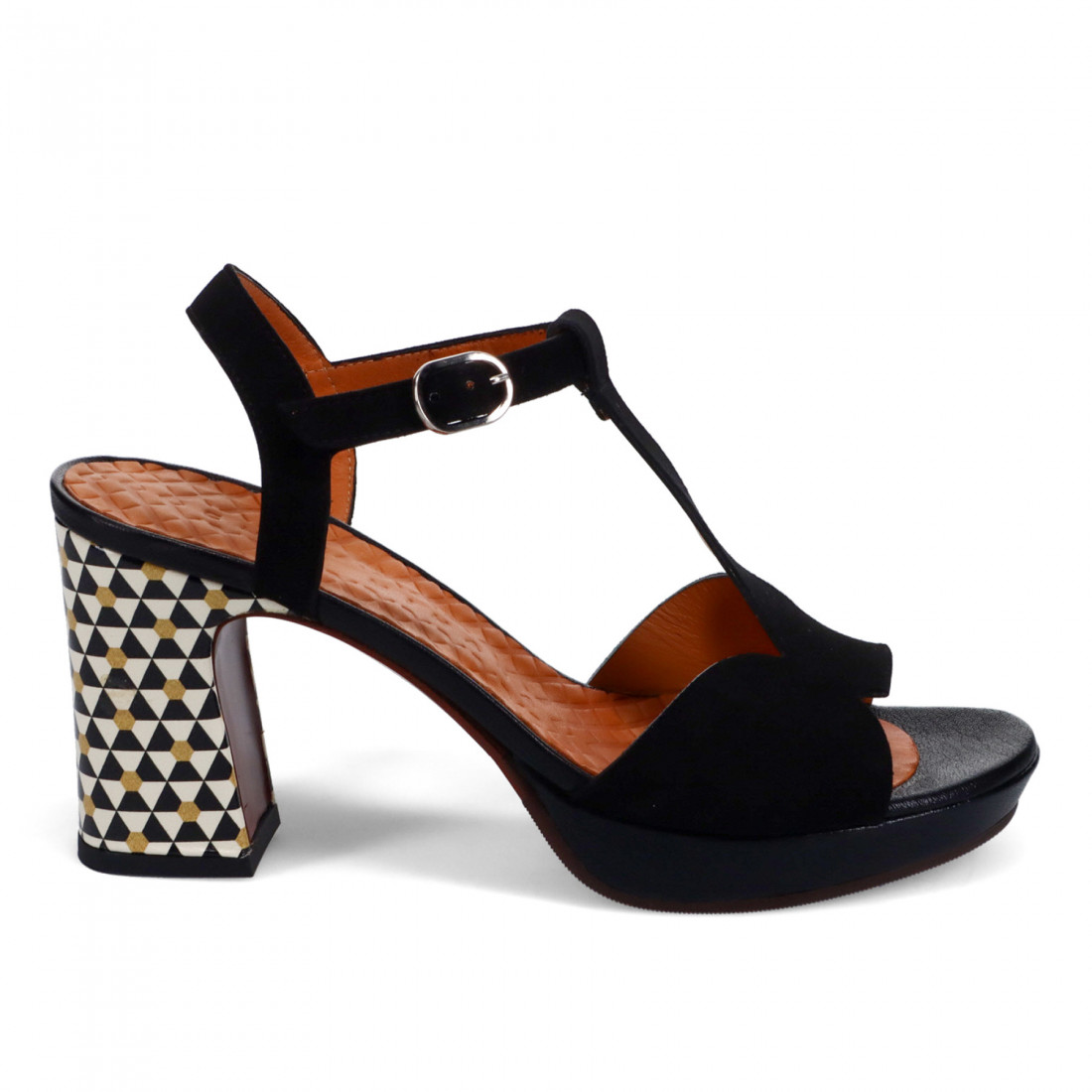 Chie Mihara Kegg sandals in black suede with printed heel
