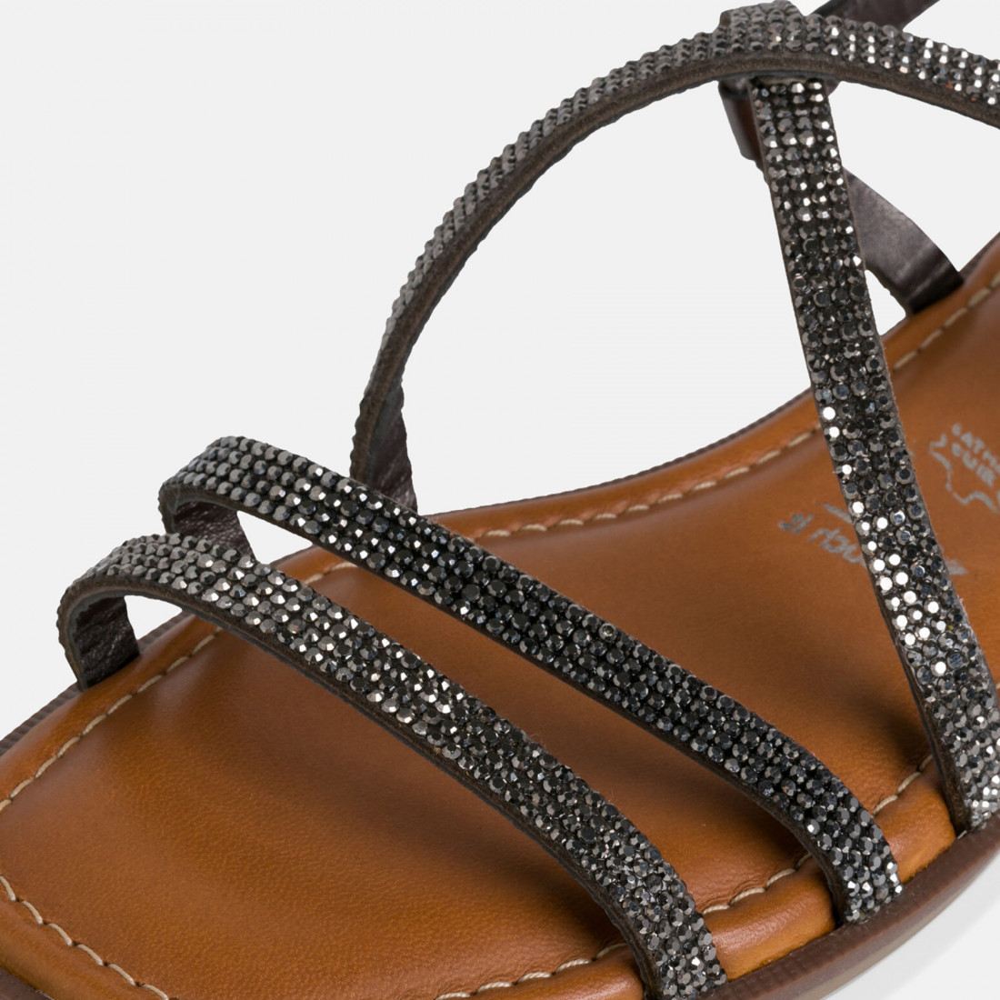 Tamaris women's sandal in dark silver leather with rhinestones