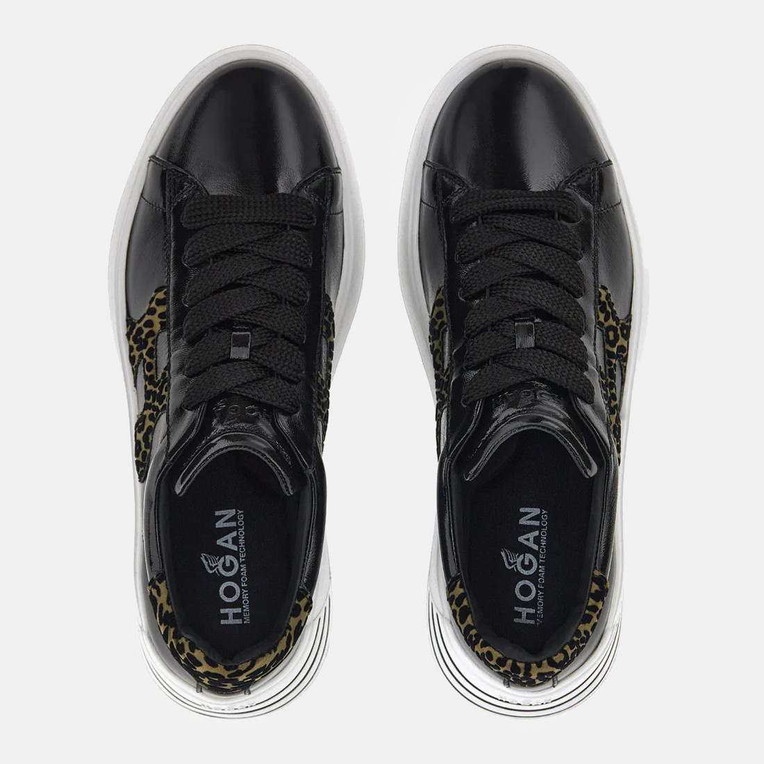 Hogan Rebel H564 black sneaker in patent leather with leopard details