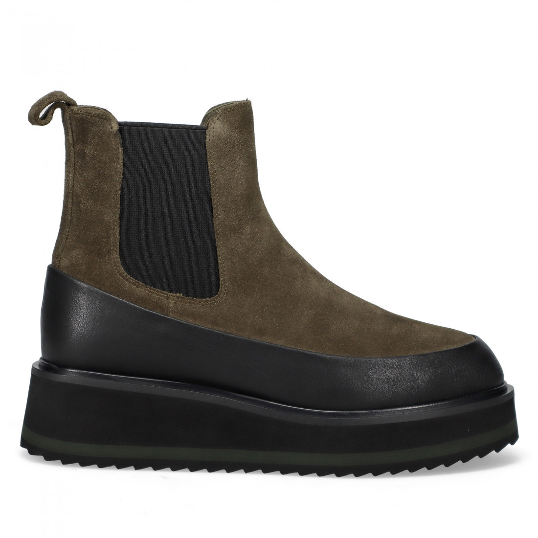 Rahya Gray Chelsea boot in olive suede with low wedge