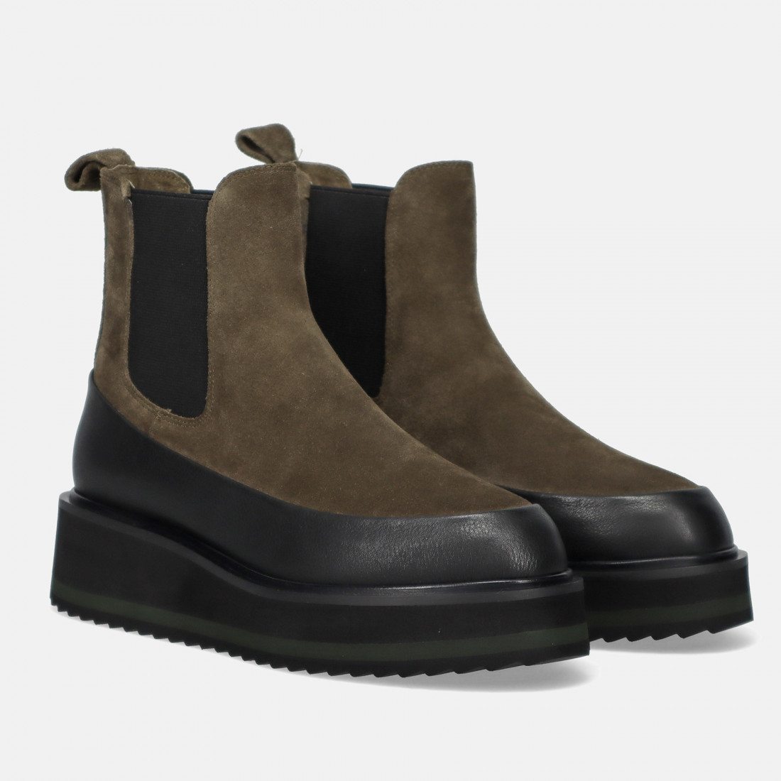 Rahya Gray Chelsea boot in olive suede with low wedge