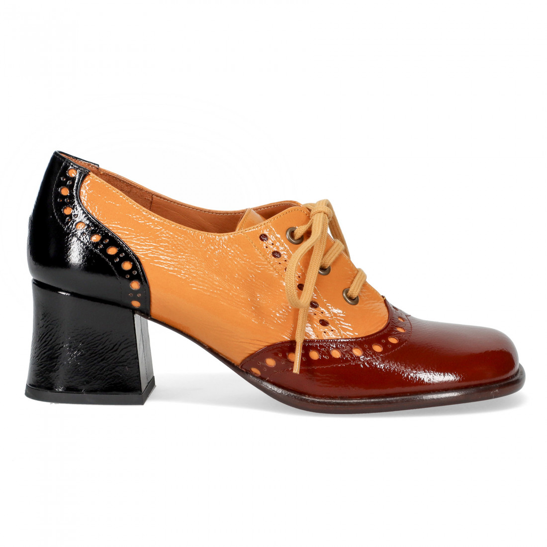 Chie Mihara Mikado yellow, red and black lace up heeled shoe