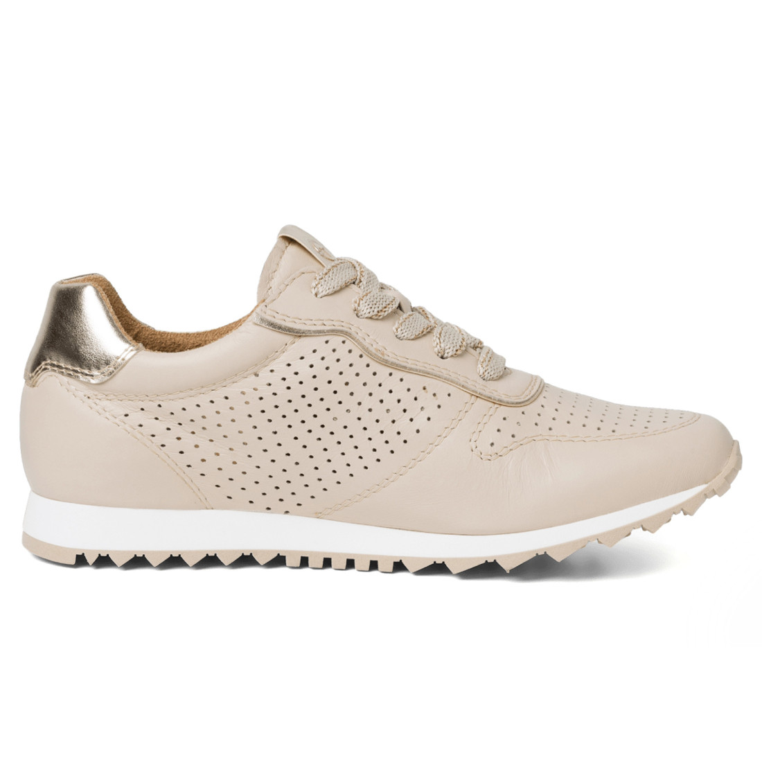 chaos chef langs Tamaris women's sneaker in cream and gold leather