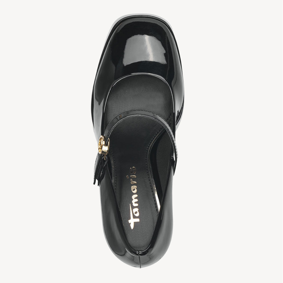 Grand gallon Primitiv Tamaris shiny black platform shoe with strap