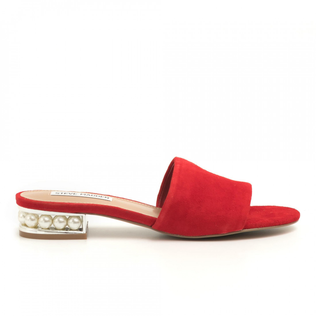 Red suede flat sandals with decorated heels