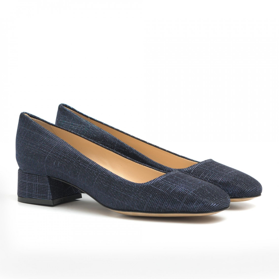 Low heel round toe shoes in blue fabric