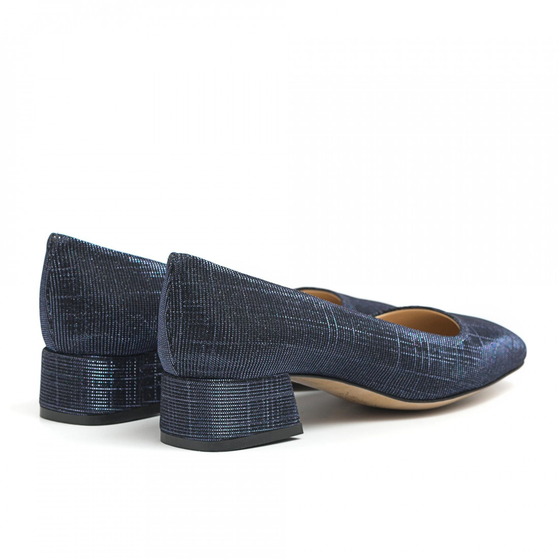 Schuhe mit rundem Absatz und niedrigem Absatz aus blauem Stoff