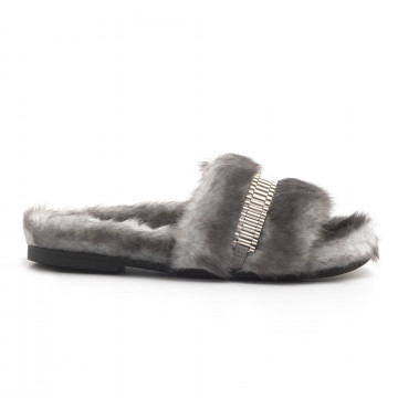 Shade Chain and Faux Fur Pool Slide Sandals