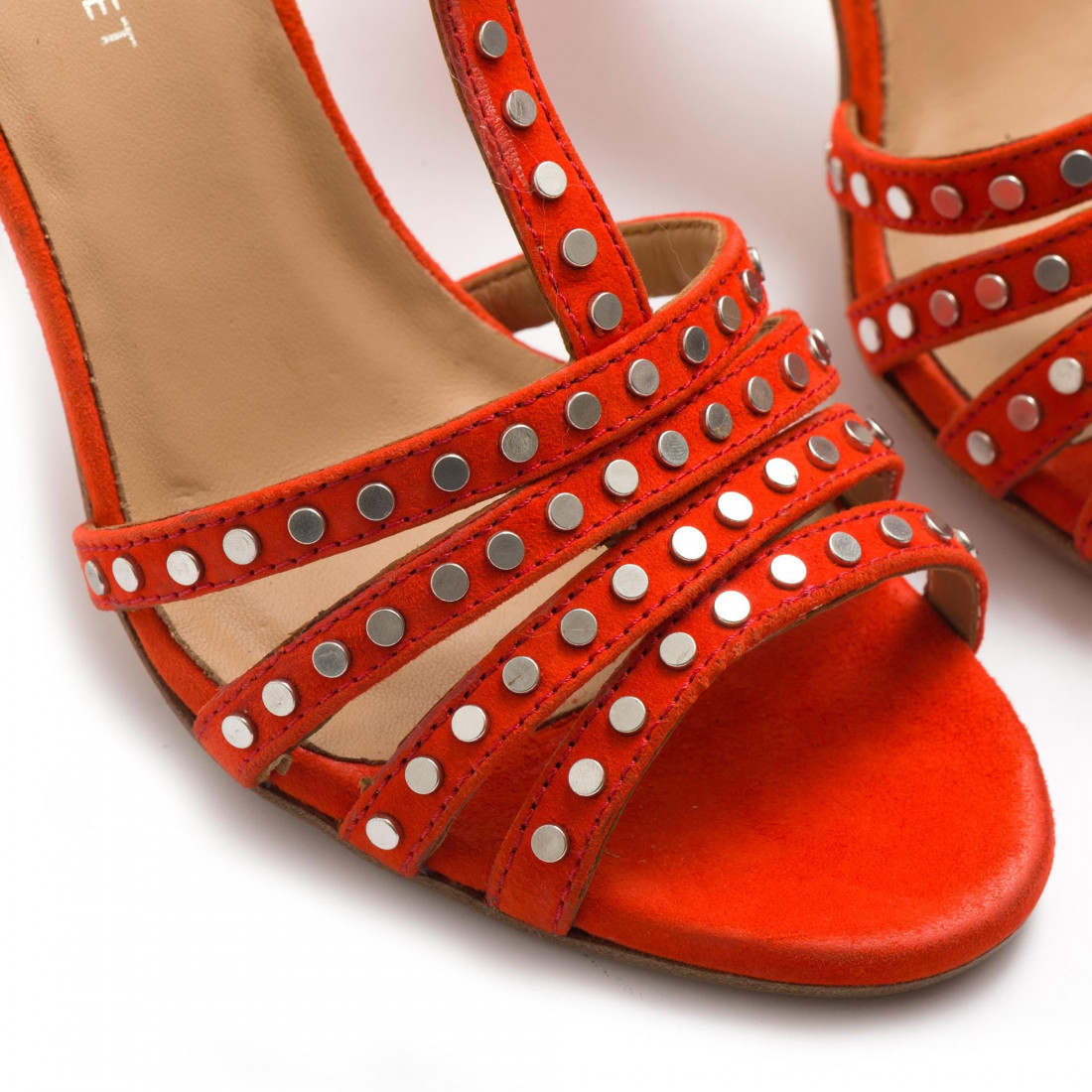 Lalla Medium heel sandals in red leather with studs
