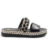 Slippers in black leather with fabric decorations