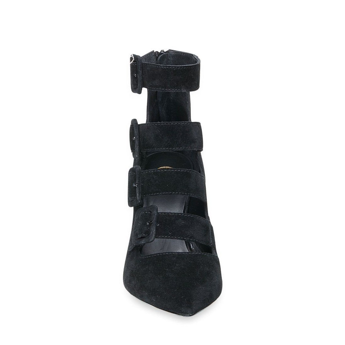 Black sude Ash Dolby with multiple buckles and cone heel