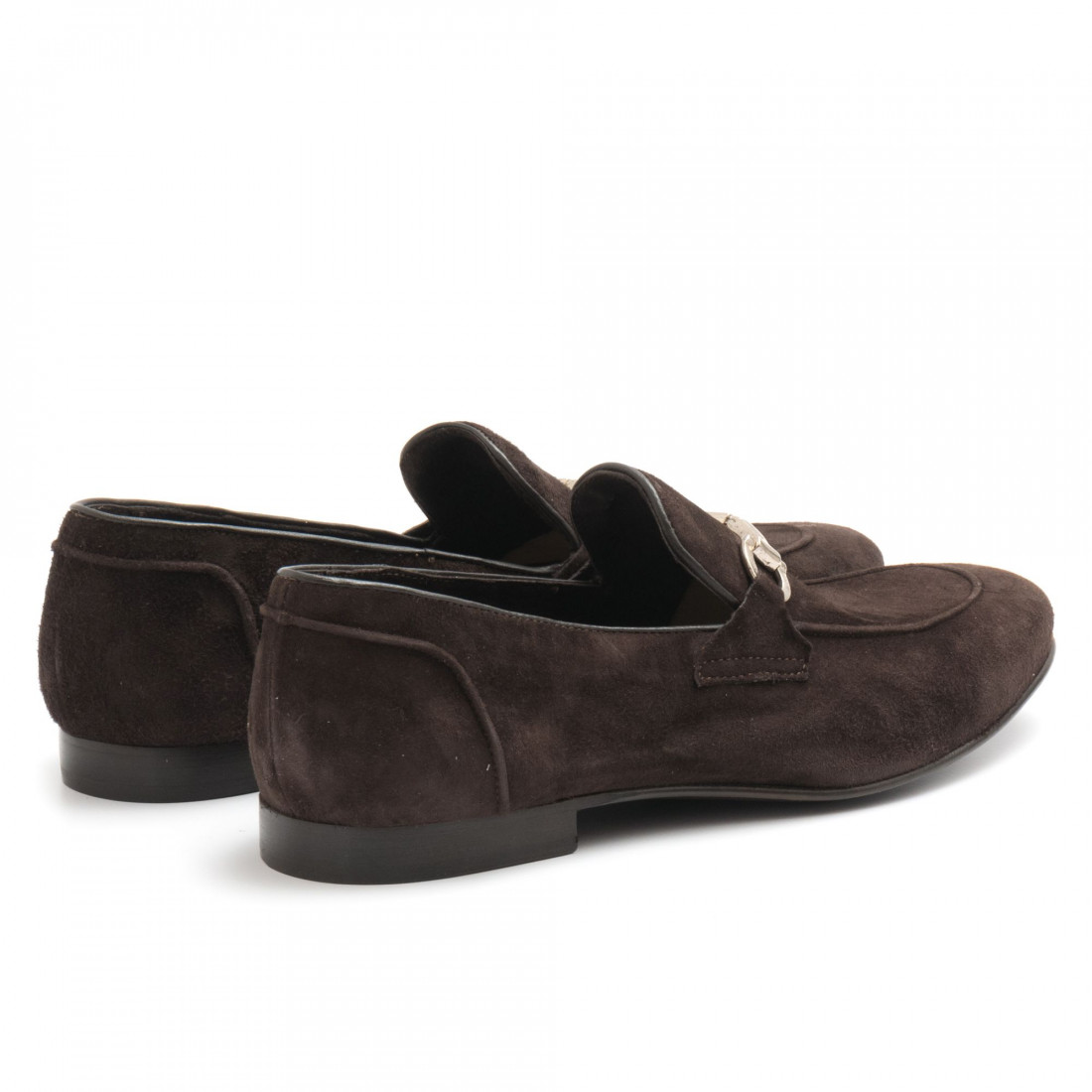Dark brown soft suede mocassins with metal clamps