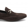 Dark brown soft suede mocassins with metal clamps