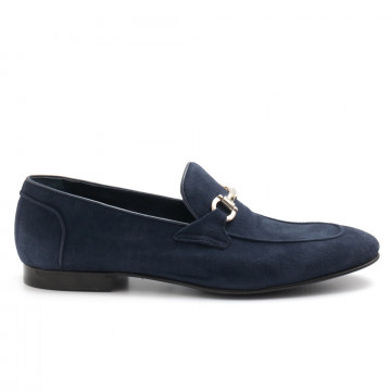 Soft blue suede mocassins with metal clamps