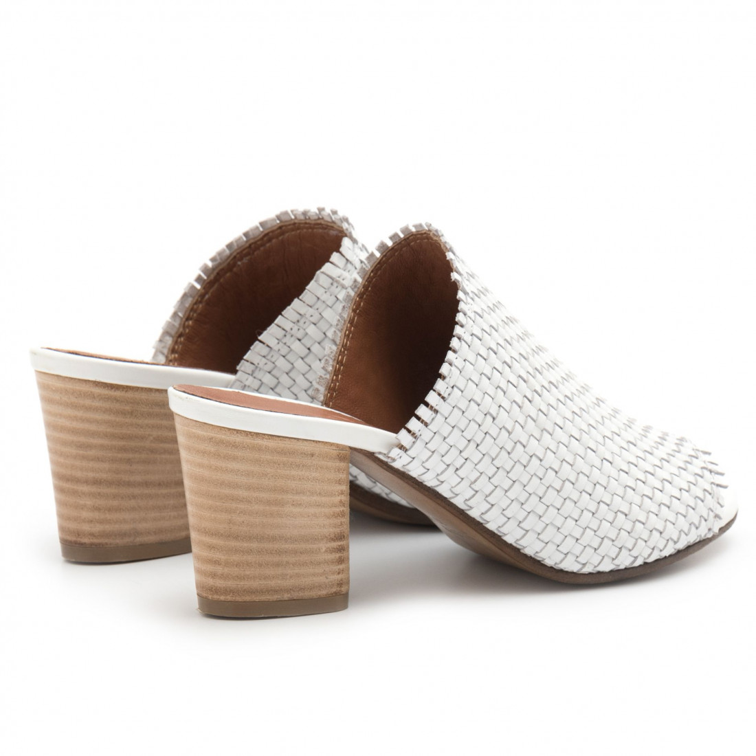 White woven leather Zoe heeled sandals