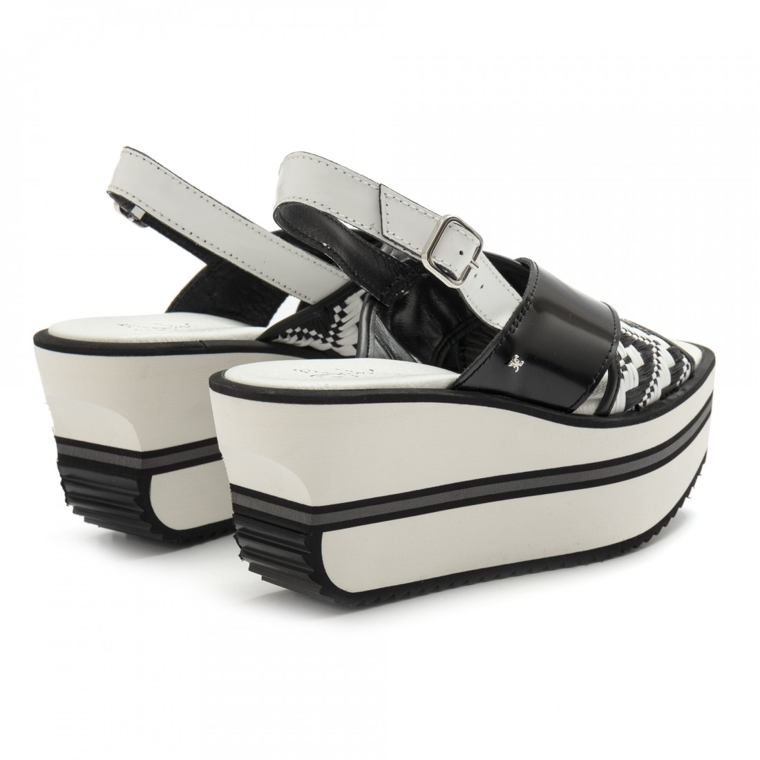 Black and white leather Fabi wedge sandals