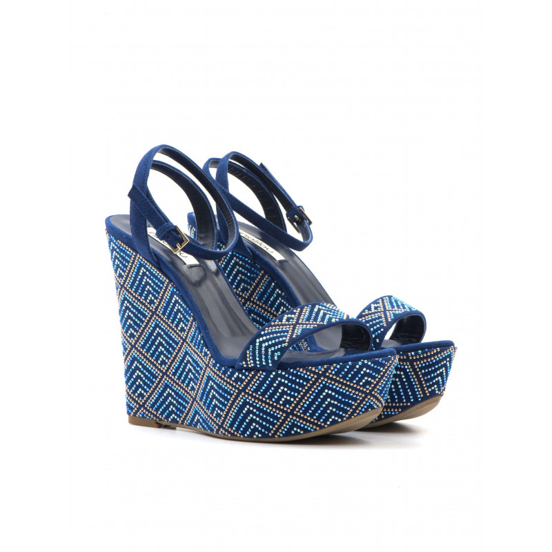 Blue strass Ninalilou wedge sandals with ankle strap