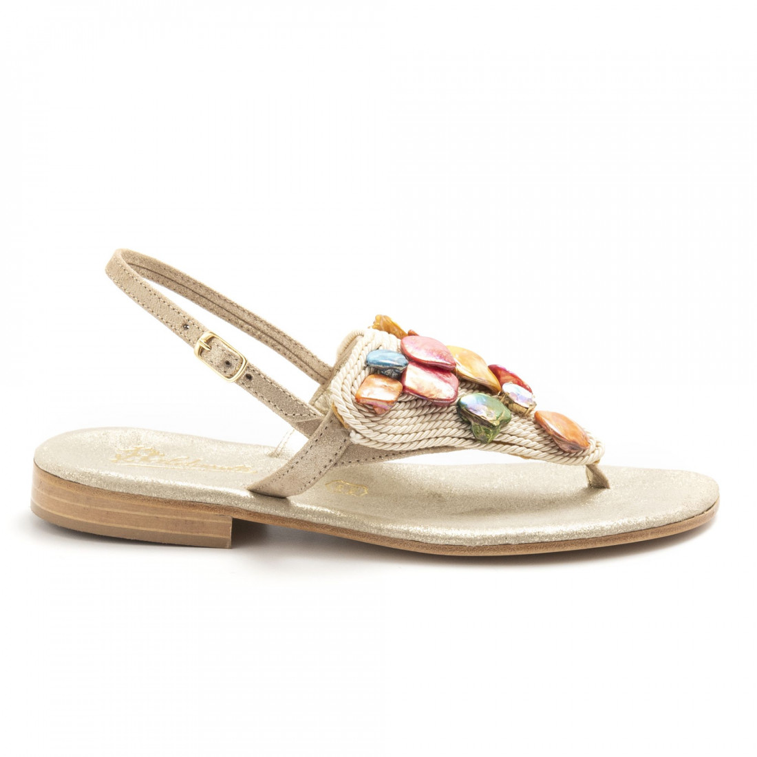 Gold Balduccelli flip flop sandals with rope and colored stones
