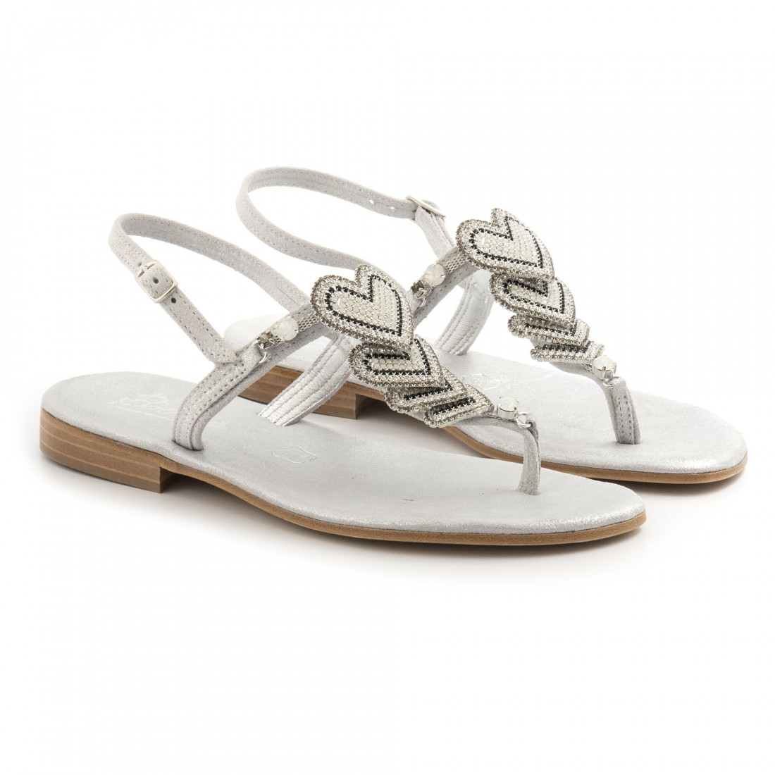 Silver Balduccelli flip flop sandals with hearts