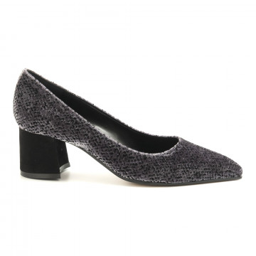 Grey velvet White D pump with black medium heel