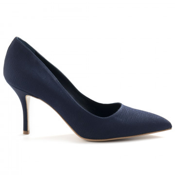 Blue pleated fabric White D pump with medium heel