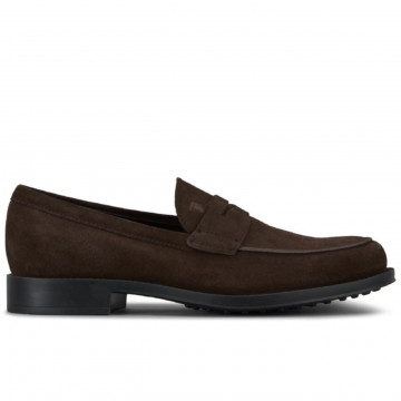 Dark brown suede Tod's loafers with penny bar