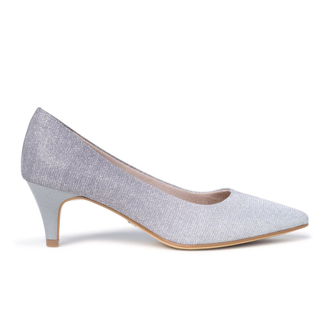 Silver Tamaris pump in fabric medium heel
