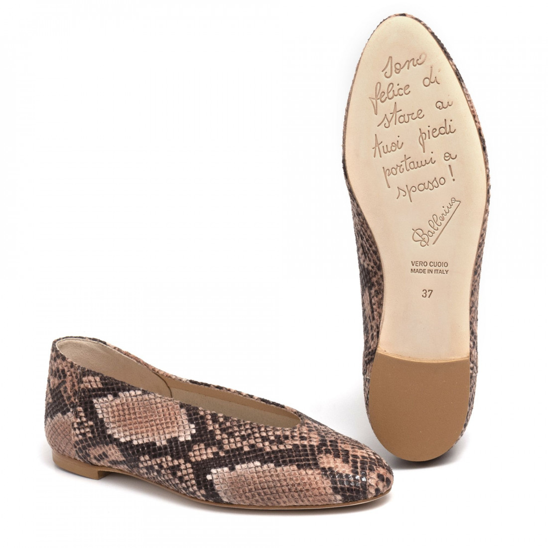 Bruine ballerinaschoen van leer met slangenprint