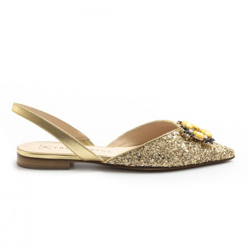 Chaussure plate à bride arrière Prosperine en paillettes dorées avec pierres jaunes
