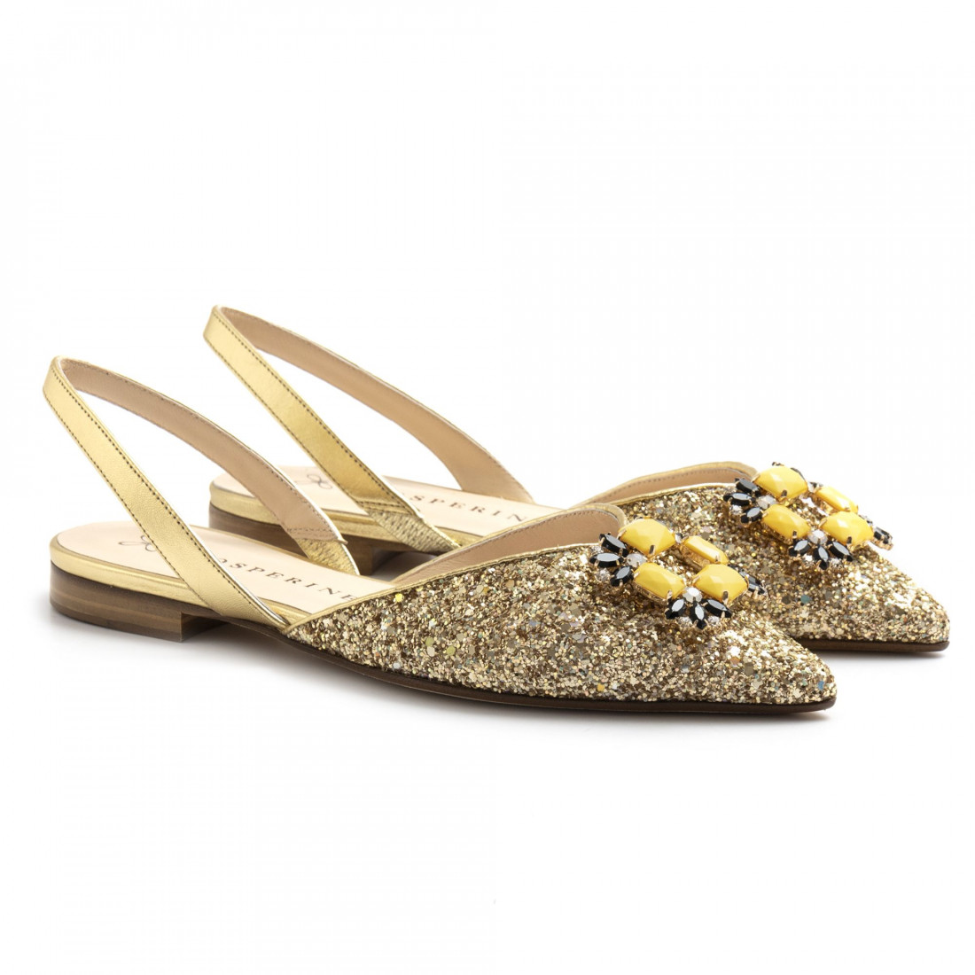 Zapato plano destalonado Prosperine en purpurina dorada con piedras amarillas