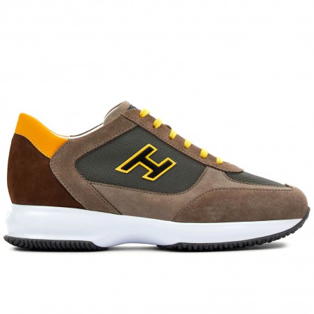 kolf bevroren Peregrination Hogan Interactive men's sneaker in taupe and yellow suede and fabric
