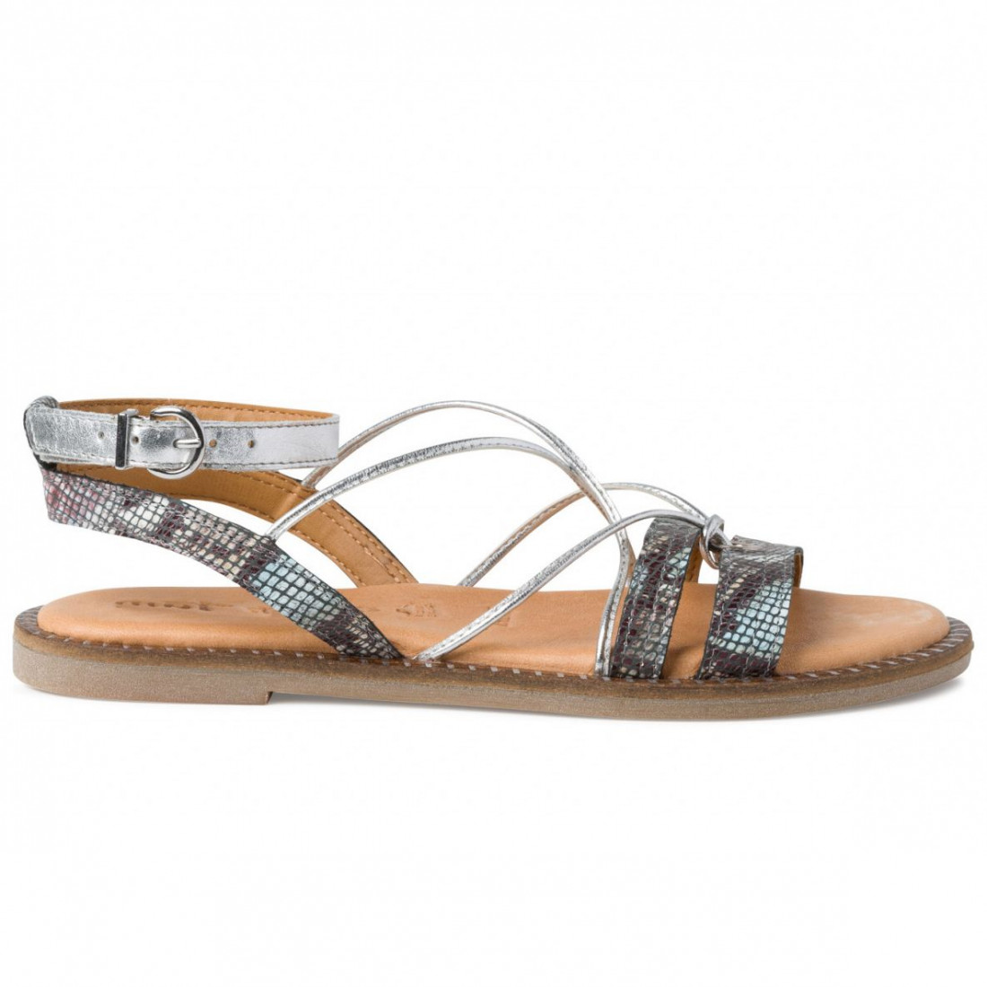 Tamaris flat sandals in blue and silver pyton effect with straps