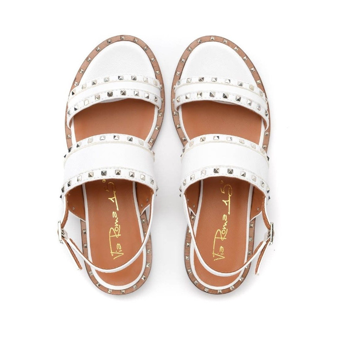 Via Roma 15 women's flat sandal in white leather with studs