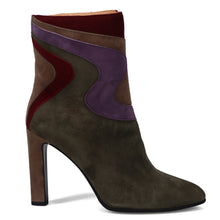 Isabelle Paris ankle boot in forest green, taupe, purple, and blackberry suede