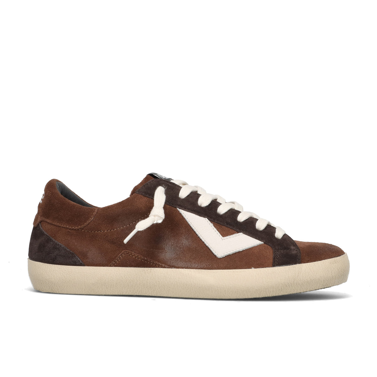 4B12: Suprime low-top sneakers voor heren in vintage suède, cognac en bruin met witte details