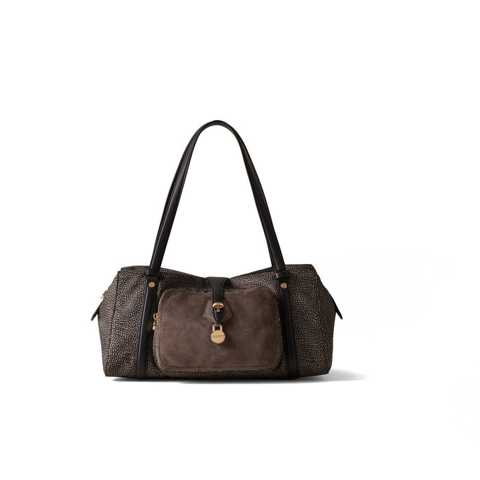 BORBONESE: Bolso baúl de hombro Poche Medium en tejido reciclado Op y piel marrón y negro