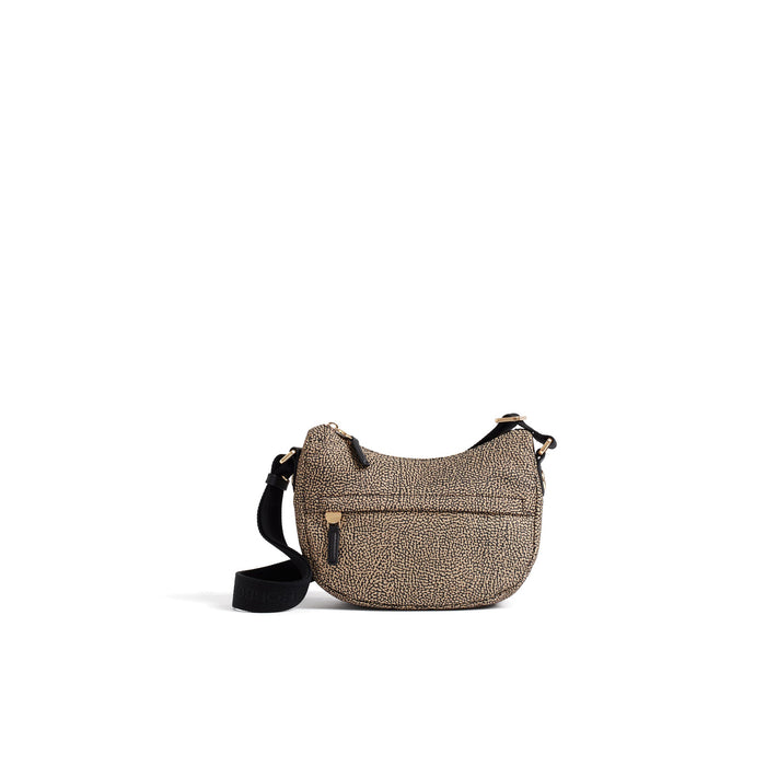 BORBONESE: Small B-Club Luna shoulder bag in natural and black Op printed fabric
