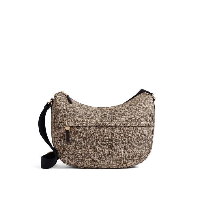 BORBONESE: Mittelgroße Umhängetasche B-Club Luna Bag aus recyceltem Stoff Op Beige und Schwarz
