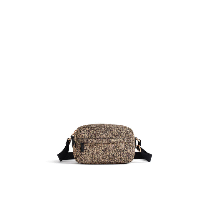 BORBONESE: Bolso bandolera pequeño B-Club en tejido reciclado Op beige natural y negro