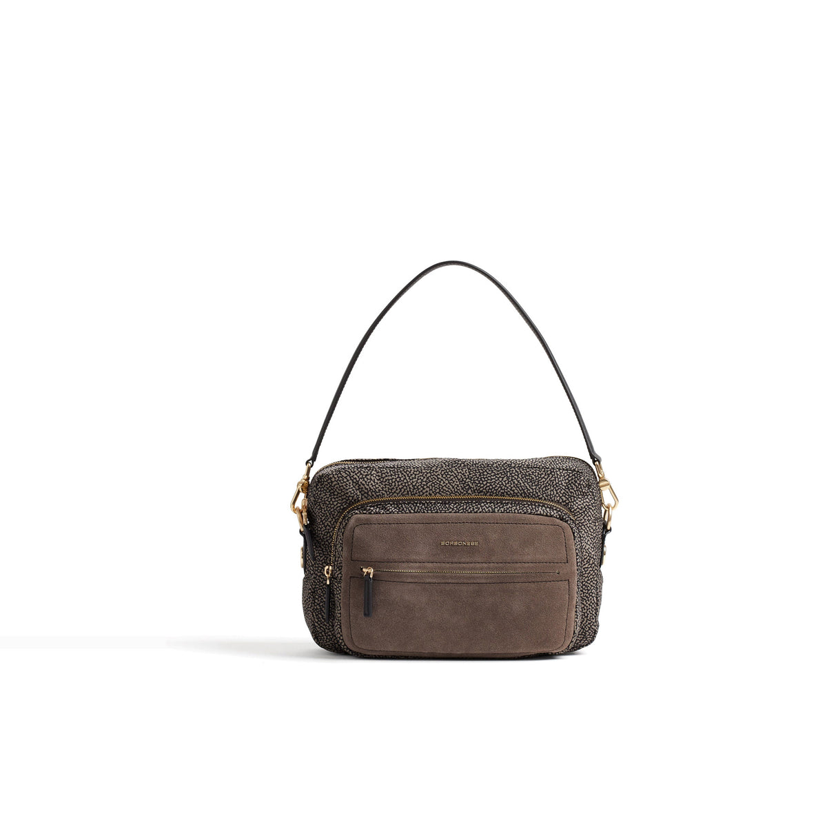 BORBONESE: B-Club camera case bag for women, medium size, in tar printed Op fabric and ash leather