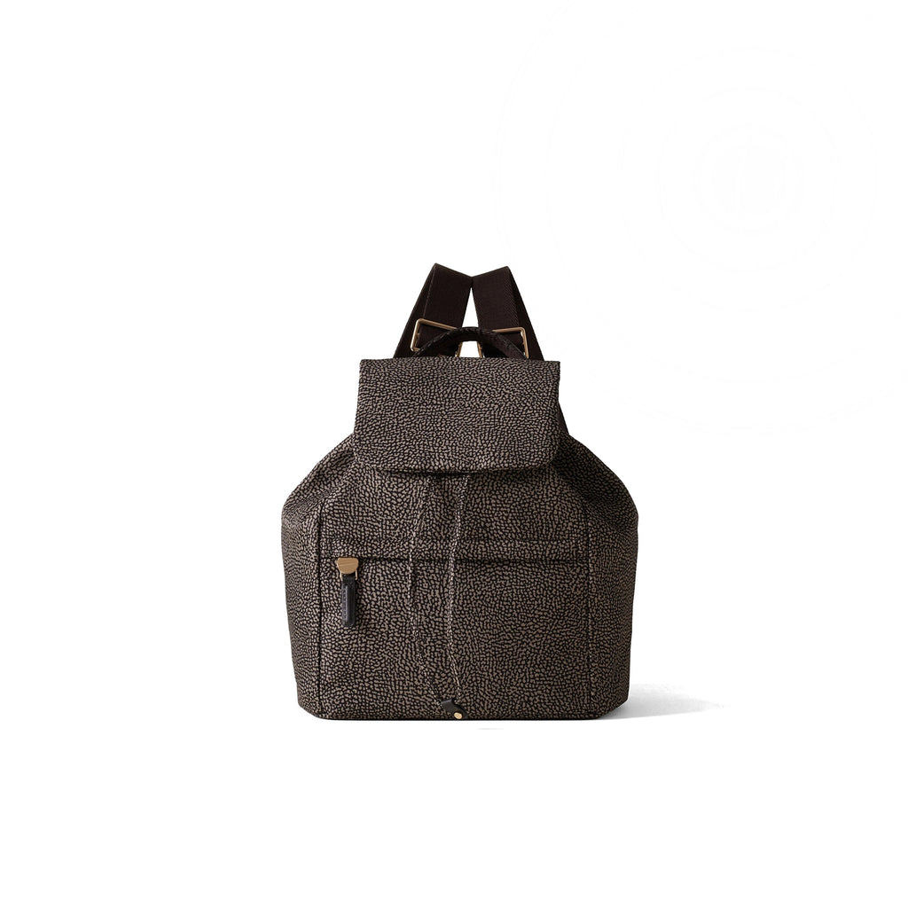 BORBONESE: Medium-sized women's B-Club backpack in Op print fabric, tar grey color