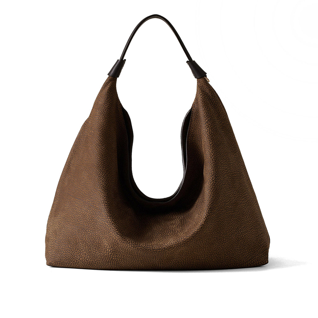 BORBONESE: Plie medium hobo bag in brown "Minerva" nabuk-effect calfskin with OP print