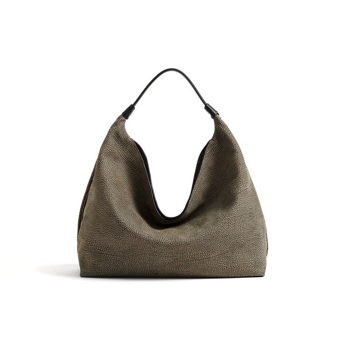 BORBONESE: Plié women's hobo bag, medium size, in nabuk-effect calfskin with Op print in clay grey and black