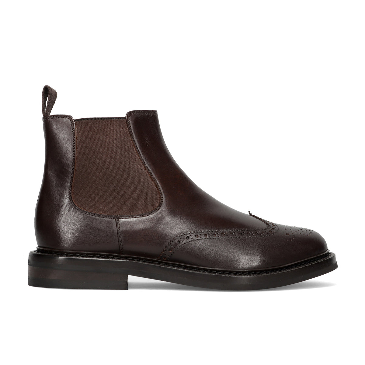 BOTTI: Herenschoen in ebbenhoutbruin leer met puntige achterkant ("zwaluwstaart") en elastische zijkanten