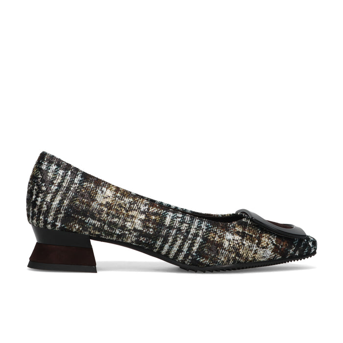 BRUNATE: Refined pump in marble fabric and dark brown suede with black hardware and comfortable heel