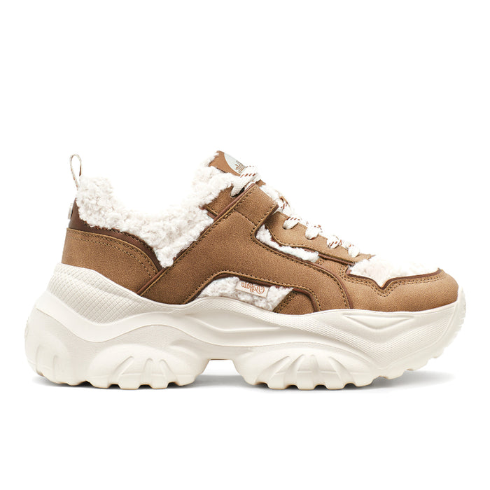 BUFFALO: Vegane Chunky-Sneaker Bliss Warm für Damen aus Kunstleder in Braun und Teddy-Stoff in Beige
