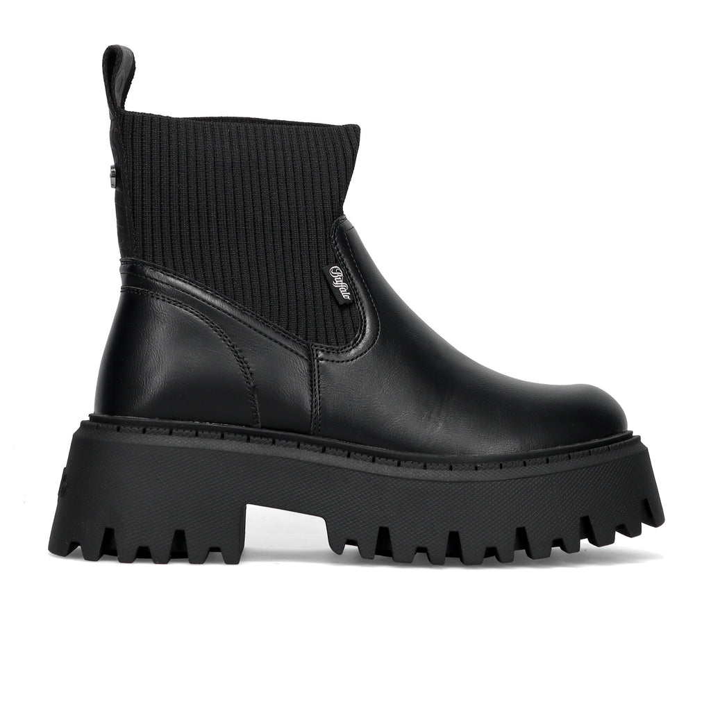 BUFFALO: Dames chelsea boot Aspen in zwart kunstleer met gebreide sok en grof geribbelde maxi-zool