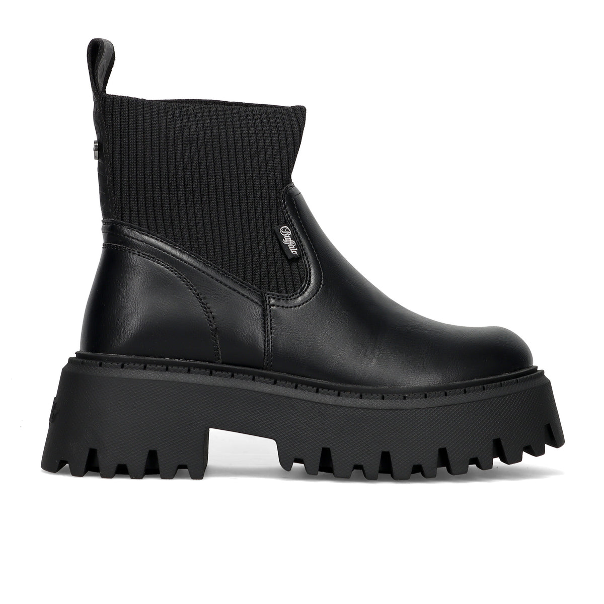 BUFFALO: Dames chelsea boot Aspen in zwart kunstleer met gebreide sok en grof geribbelde maxi-zool