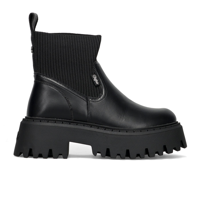 BUFFALO: Dames chelsea boot Aspen in zwart kunstleer met gebreide sok en grof geribbelde maxi-zool
